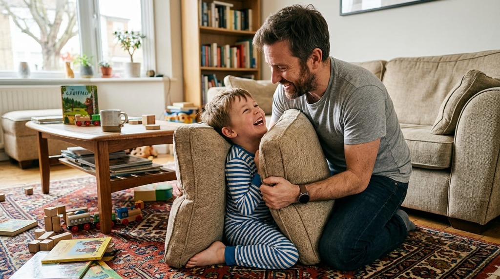 Padre e hijo jugando y riendo - Mente Ágil, Hogar en Calma
